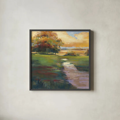 Out for a Walk by Carol Rowan. Shown in a sleek black glass frame for a contemporary gallery look. Available as an archival giclee rolled canvas, fine art paper, or poster print. SKU 21449a.