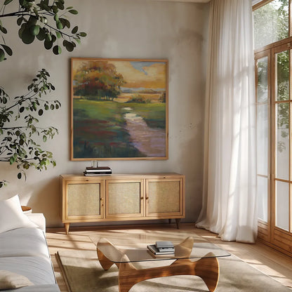 Out for a Walk by Carol Rowan. Shown in a natural wood frame in a cozy modern living room. Available as an archival giclee rolled canvas, fine art paper, or poster print. SKU 21449a.