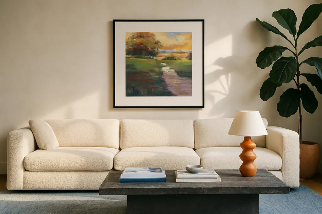 Out for a Walk by Carol Rowan. Displayed in a glass frame with matte in a clean modern living room. Available as an archival giclee rolled canvas, fine art paper, or poster print. SKU 21449a.