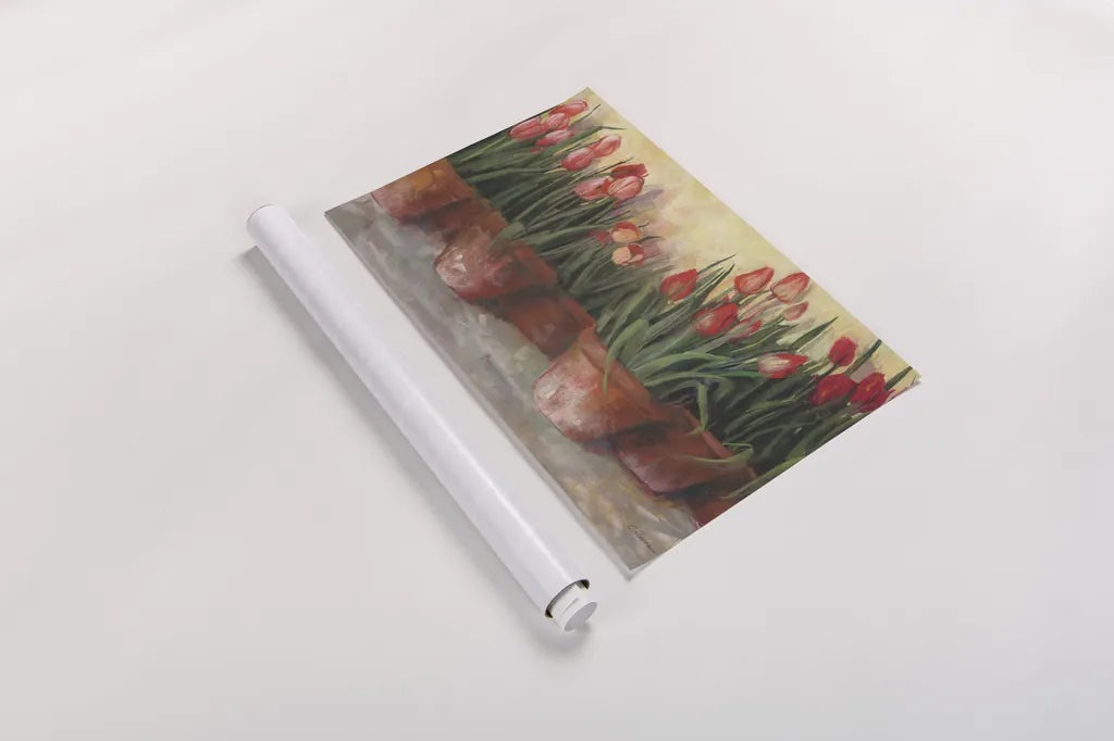 Pattys Tulips by Carol Rowan. shown as a rolled paper print. Available as archival giclee rolled canvas, fine art paper, or poster print. SKU 8142i.