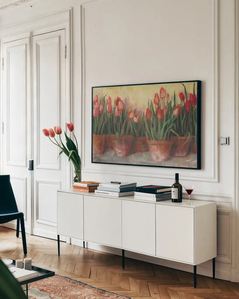 Pattys Tulips by Carol Rowan. shown as a framed stretched canvas in a living room above a console. Available as a archival giclee rolled canvas, fine art paper, or poster print. SKU 8142i.