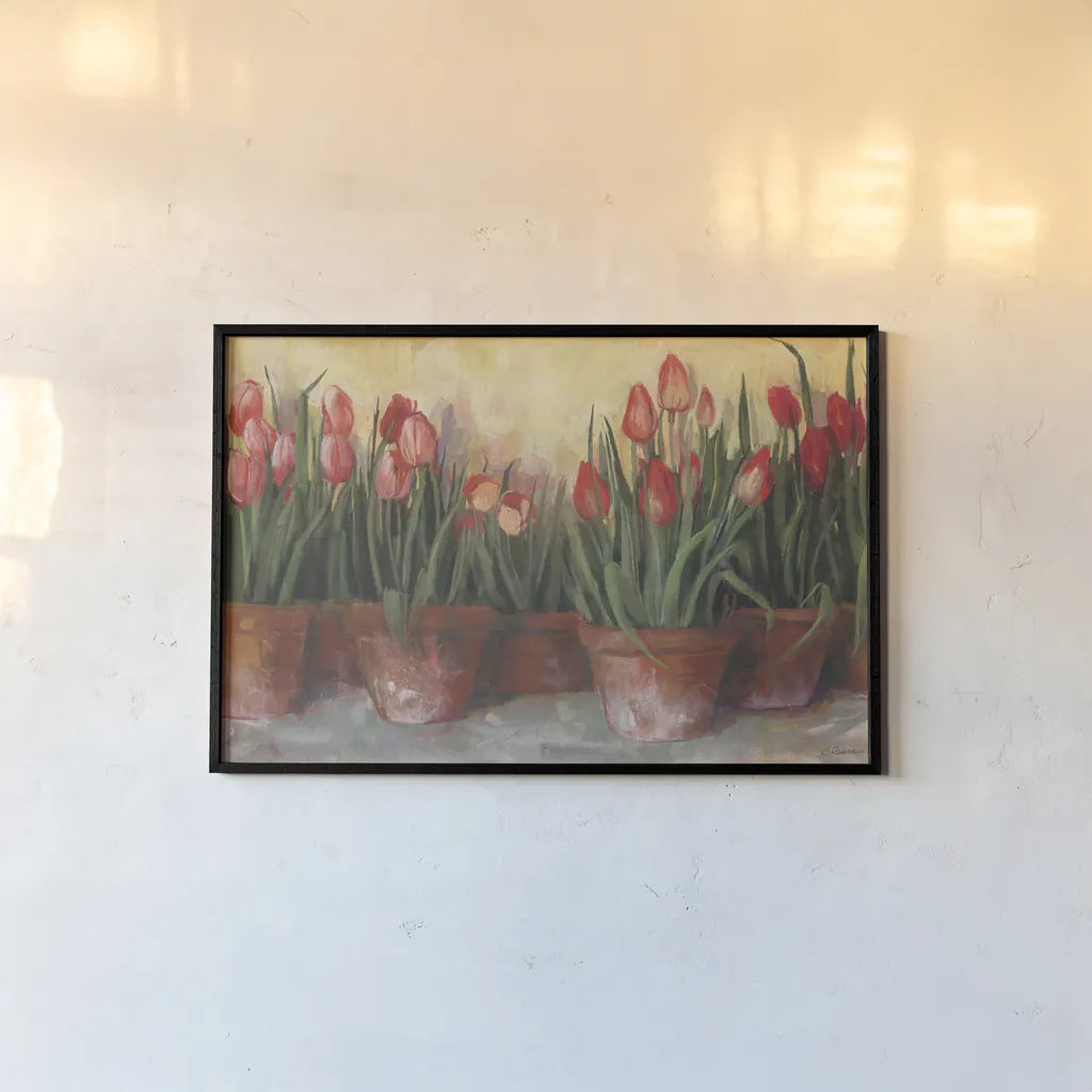 Pattys Tulips by Carol Rowan. shown as a paper print in a black flame. Available as a archival giclee rolled canvas, fine art paper, or poster print. SKU 8142i.