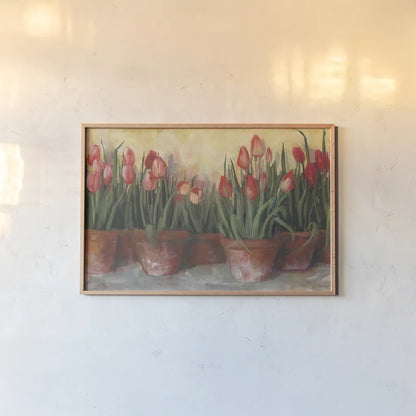 Pattys Tulips by Carol Rowan. shown as a paper print in a natural frame. Available as a archival giclee rolled canvas, fine art paper, or poster print. SKU 8142i.
