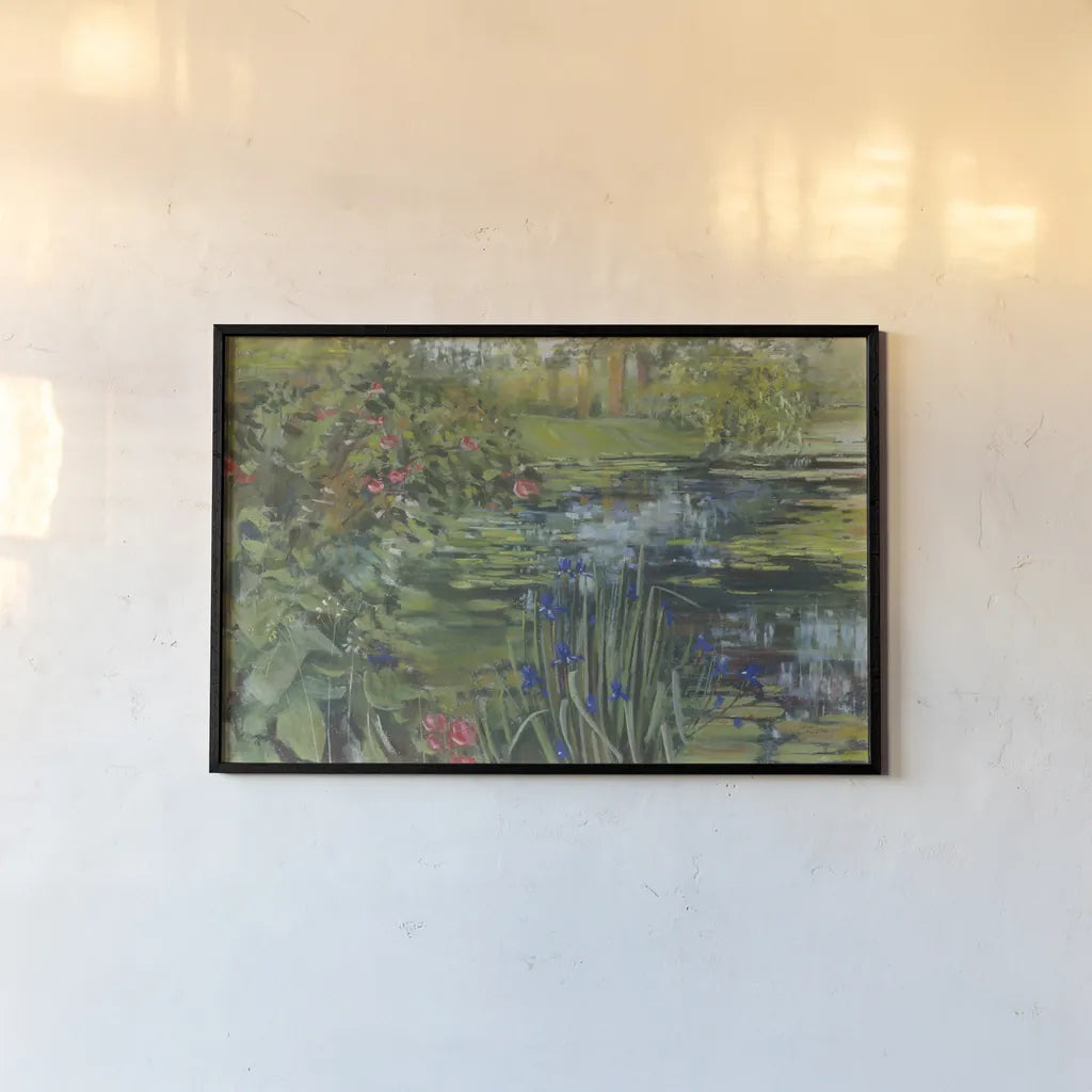 Peaceful Pond by Carol Rowan. shown as a paper print in a black flame. Available as a archival giclee rolled canvas, fine art paper, or poster print. SKU 36214i.