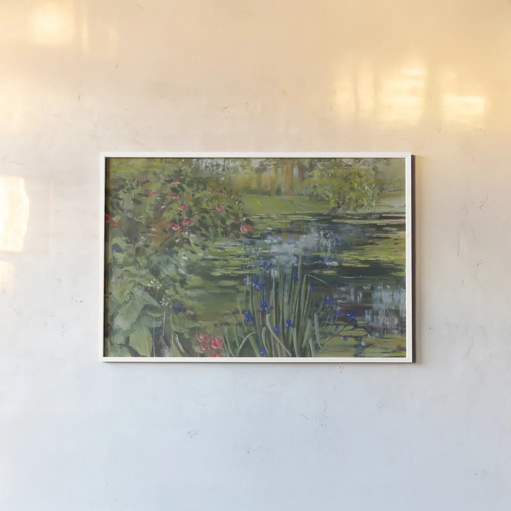 Peaceful Pond by Carol Rowan. shown as a paper print in a white frame. Available as a archival giclee rolled canvas, fine art paper, or poster print. SKU 36214i.
