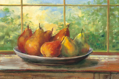 Pears on Windowsill by Carol Rowan. SKU 99969i. Archival Giclee Fine art print for wall decor.