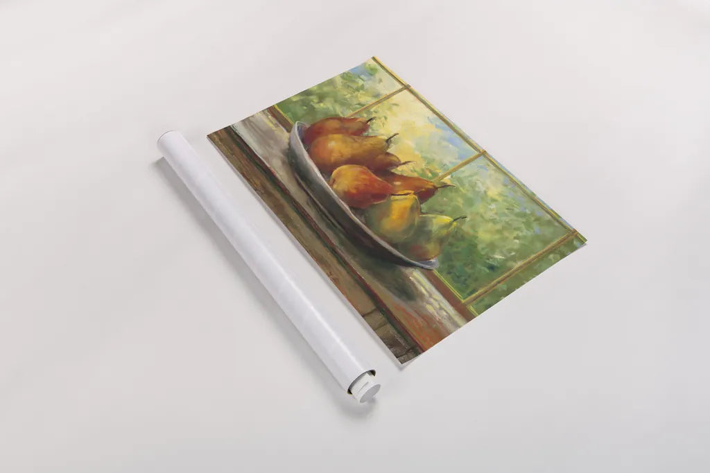 Pears on Windowsill by Carol Rowan. shown as a rolled paper print. Available as archival giclee rolled canvas, fine art paper, or poster print. SKU 99969i.