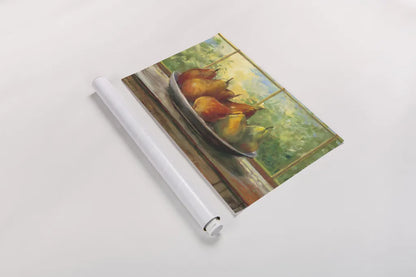 Pears on Windowsill by Carol Rowan. shown as a rolled paper print. Available as archival giclee rolled canvas, fine art paper, or poster print. SKU 99969i.
