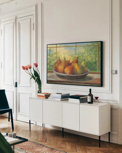 Pears on Windowsill by Carol Rowan. shown as a framed stretched canvas in a living room above a console. Available as a archival giclee rolled canvas, fine art paper, or poster print. SKU 99969i.