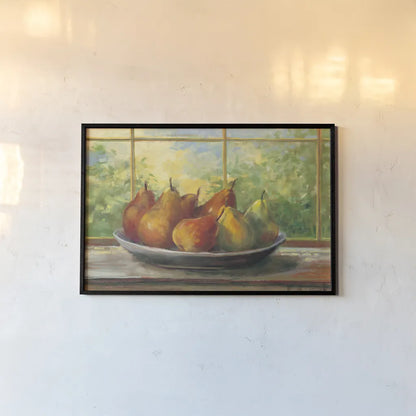 Pears on Windowsill by Carol Rowan. shown as a paper print in a black flame. Available as a archival giclee rolled canvas, fine art paper, or poster print. SKU 99969i.