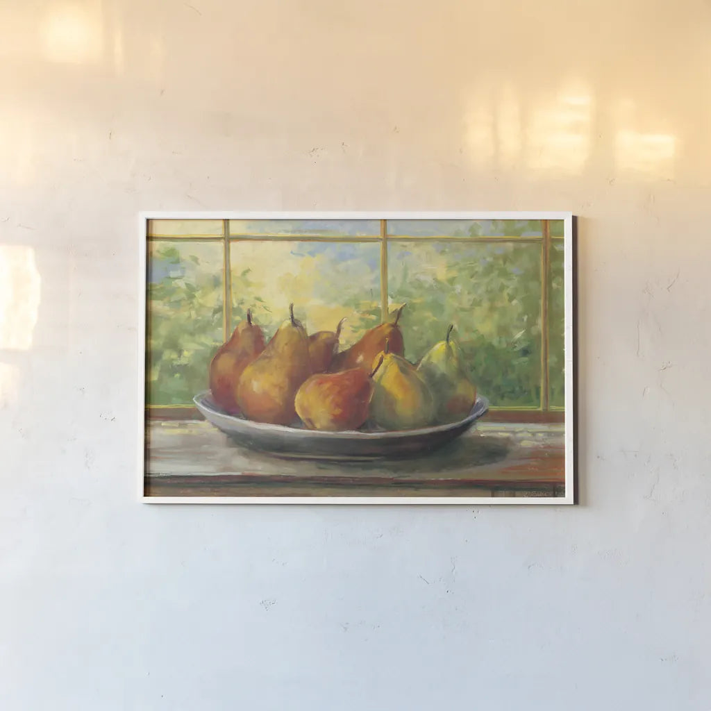 Pears on Windowsill by Carol Rowan. shown as a paper print in a white frame. Available as a archival giclee rolled canvas, fine art paper, or poster print. SKU 99969i.