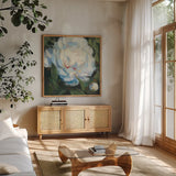 Peony I by Carol Rowan. Shown in a natural wood frame in a cozy modern living room. Available as an archival giclee rolled canvas, fine art paper, or poster print. SKU 41461a.