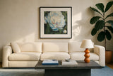 Peony I by Carol Rowan. Displayed in a glass frame with matte in a clean modern living room. Available as an archival giclee rolled canvas, fine art paper, or poster print. SKU 41461a.