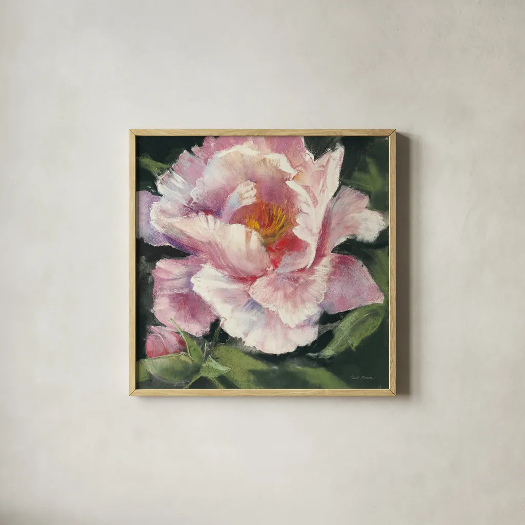 Peony II by Carol Rowan. Shown in a natural wood glass frame for a timeless modern aesthetic. Available as an archival giclee rolled canvas, fine art paper, or poster print. SKU 41462a.