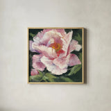 Peony II by Carol Rowan. Shown in a natural wood glass frame for a timeless modern aesthetic. Available as an archival giclee rolled canvas, fine art paper, or poster print. SKU 41462a.