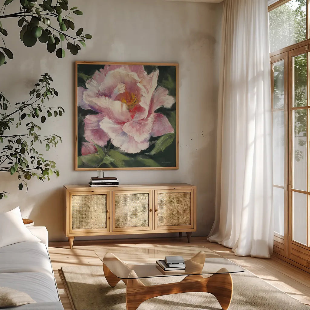 Peony II by Carol Rowan. Shown in a natural wood frame in a cozy modern living room. Available as an archival giclee rolled canvas, fine art paper, or poster print. SKU 41462a.