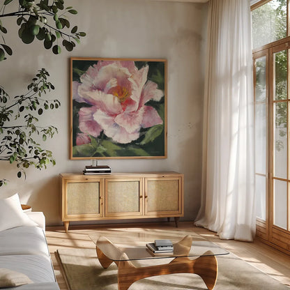 Peony II by Carol Rowan. Shown in a natural wood frame in a cozy modern living room. Available as an archival giclee rolled canvas, fine art paper, or poster print. SKU 41462a.