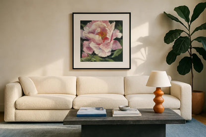 Peony II by Carol Rowan. Displayed in a glass frame with matte in a clean modern living room. Available as an archival giclee rolled canvas, fine art paper, or poster print. SKU 41462a.