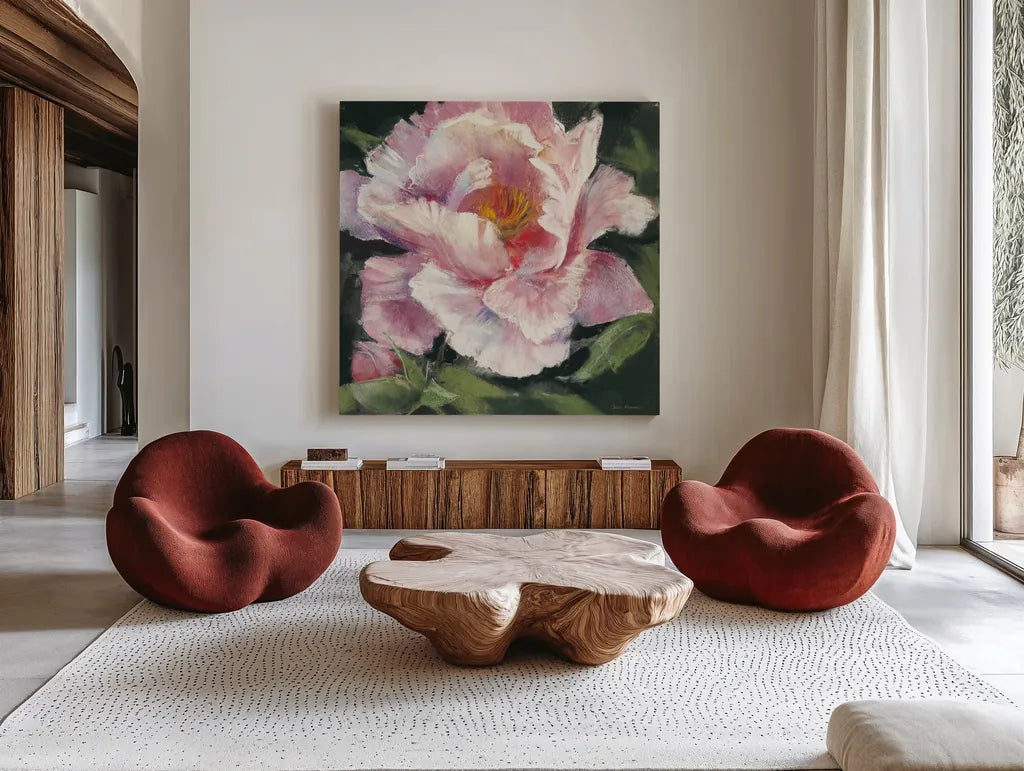 Peony II by Carol Rowan. Shown as extra-large giant wall art in a modern living room. Available as an archival giclee rolled canvas, fine art paper, or poster print. SKU 41462a.