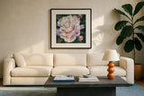 Peony III by Carol Rowan. Displayed in a glass frame with matte in a clean modern living room. Available as an archival giclee rolled canvas, fine art paper, or poster print. SKU 41463a.