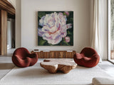 Peony III by Carol Rowan. Shown as extra-large giant wall art in a modern living room. Available as an archival giclee rolled canvas, fine art paper, or poster print. SKU 41463a.