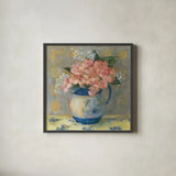 Pink Geraniums by Carol Rowan. Shown in a sleek black glass frame for a contemporary gallery look. Available as an archival giclee rolled canvas, fine art paper, or poster print. SKU 42345a.