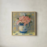 Pink Geraniums by Carol Rowan. Shown in a natural wood glass frame for a timeless modern aesthetic. Available as an archival giclee rolled canvas, fine art paper, or poster print. SKU 42345a.