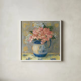 Pink Geraniums by Carol Rowan. Shown in a crisp white glass frame for a clean and minimalist style. Available as an archival giclee rolled canvas, fine art paper, or poster print. SKU 42345a.