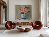 Pink Geraniums by Carol Rowan. Shown as extra-large giant wall art in a modern living room. Available as an archival giclee rolled canvas, fine art paper, or poster print. SKU 42345a.