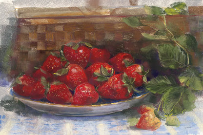 Plate of Strawberries by Carol Rowan. SKU 26314i. Archival Giclee Fine art print for wall decor.