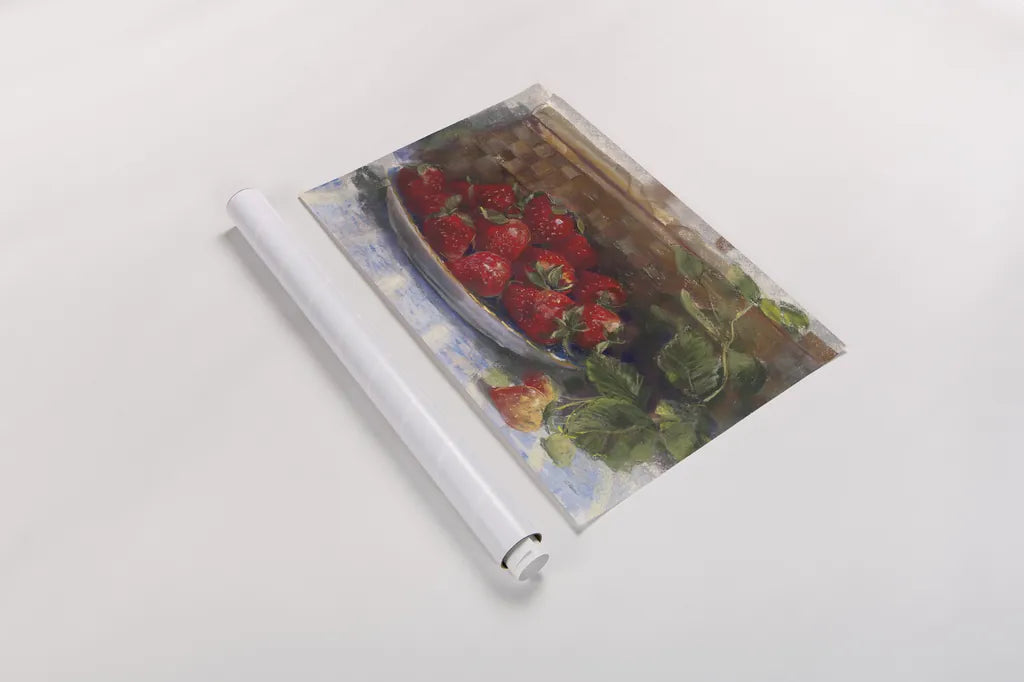 Plate of Strawberries by Carol Rowan. shown as a rolled paper print. Available as archival giclee rolled canvas, fine art paper, or poster print. SKU 26314i.