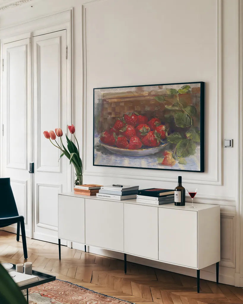 Plate of Strawberries by Carol Rowan. shown as a framed stretched canvas in a living room above a console. Available as a archival giclee rolled canvas, fine art paper, or poster print. SKU 26314i.