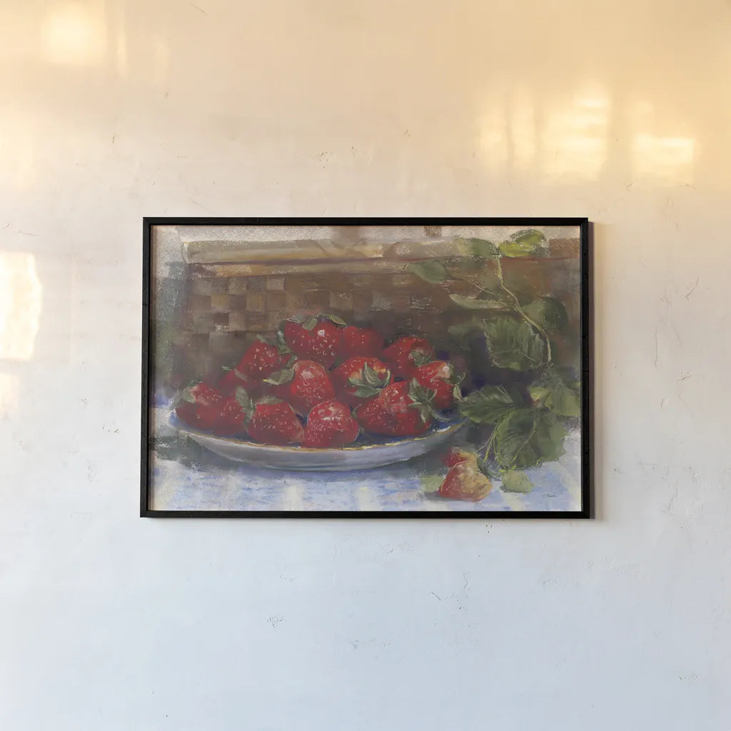 Plate of Strawberries by Carol Rowan. shown as a paper print in a black flame. Available as a archival giclee rolled canvas, fine art paper, or poster print. SKU 26314i.