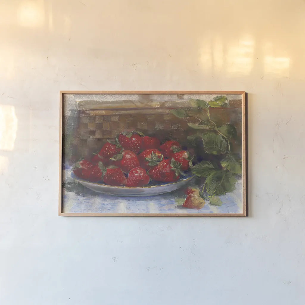 Plate of Strawberries by Carol Rowan. shown as a paper print in a natural frame. Available as a archival giclee rolled canvas, fine art paper, or poster print. SKU 26314i.