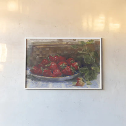 Plate of Strawberries by Carol Rowan. shown as a paper print in a white frame. Available as a archival giclee rolled canvas, fine art paper, or poster print. SKU 26314i.