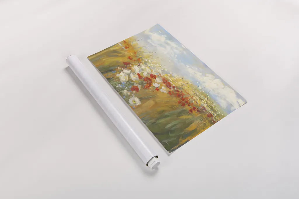 Poppies and Larkspur by Carol Rowan. shown as a rolled paper print. Available as archival giclee rolled canvas, fine art paper, or poster print. SKU 41459i.