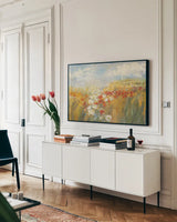 Poppies and Larkspur by Carol Rowan. shown as a framed stretched canvas in a living room above a console. Available as a archival giclee rolled canvas, fine art paper, or poster print. SKU 41459i.