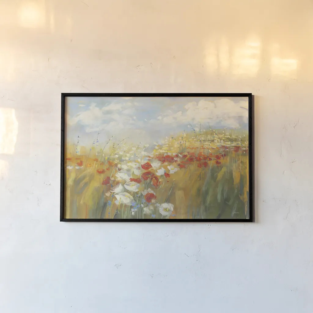 Poppies and Larkspur by Carol Rowan. shown as a paper print in a black flame. Available as a archival giclee rolled canvas, fine art paper, or poster print. SKU 41459i.