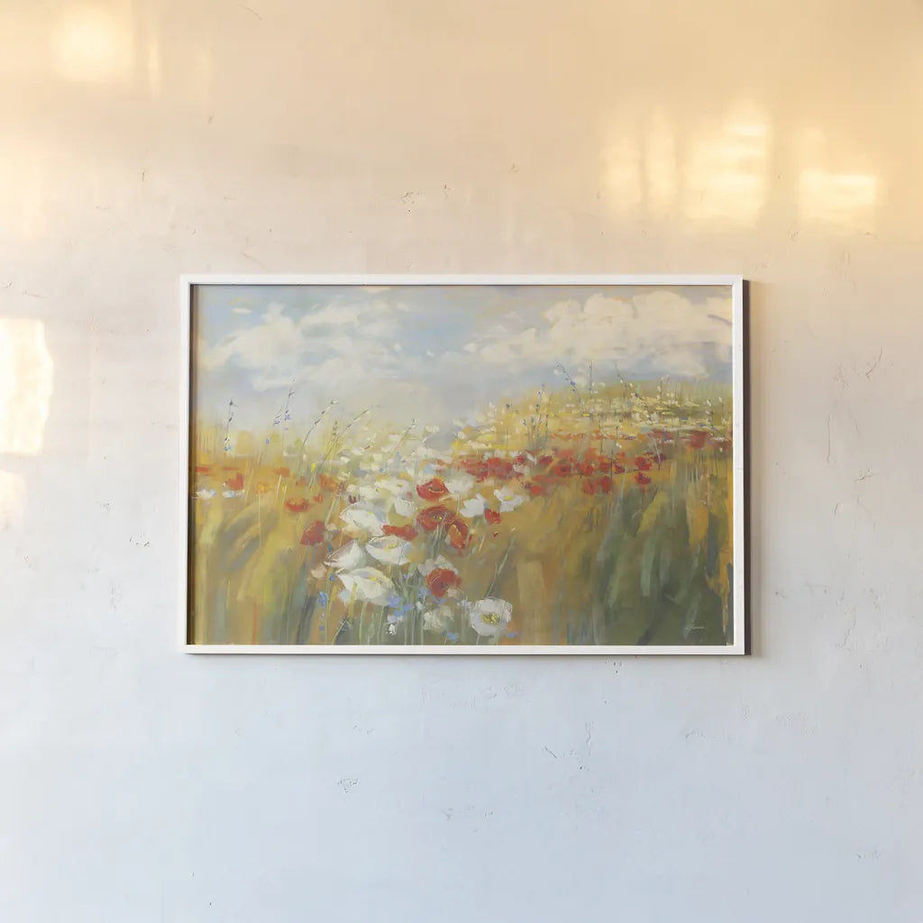 Poppies and Larkspur by Carol Rowan. shown as a paper print in a white frame. Available as a archival giclee rolled canvas, fine art paper, or poster print. SKU 41459i.