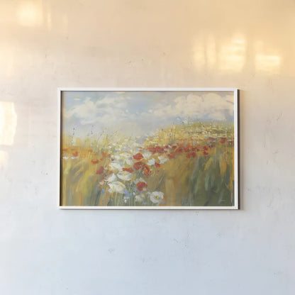 Poppies and Larkspur by Carol Rowan. shown as a paper print in a white frame. Available as a archival giclee rolled canvas, fine art paper, or poster print. SKU 41459i.