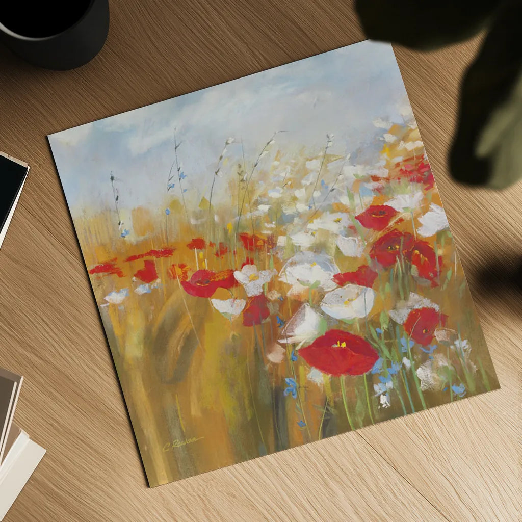 Poppies and Larkspur I by Carol Rowan. Shown as a detailed flat fine art print, highlighting archival giclee quality. Available as an archival giclee rolled canvas, fine art paper, or poster print. SKU 8171a.