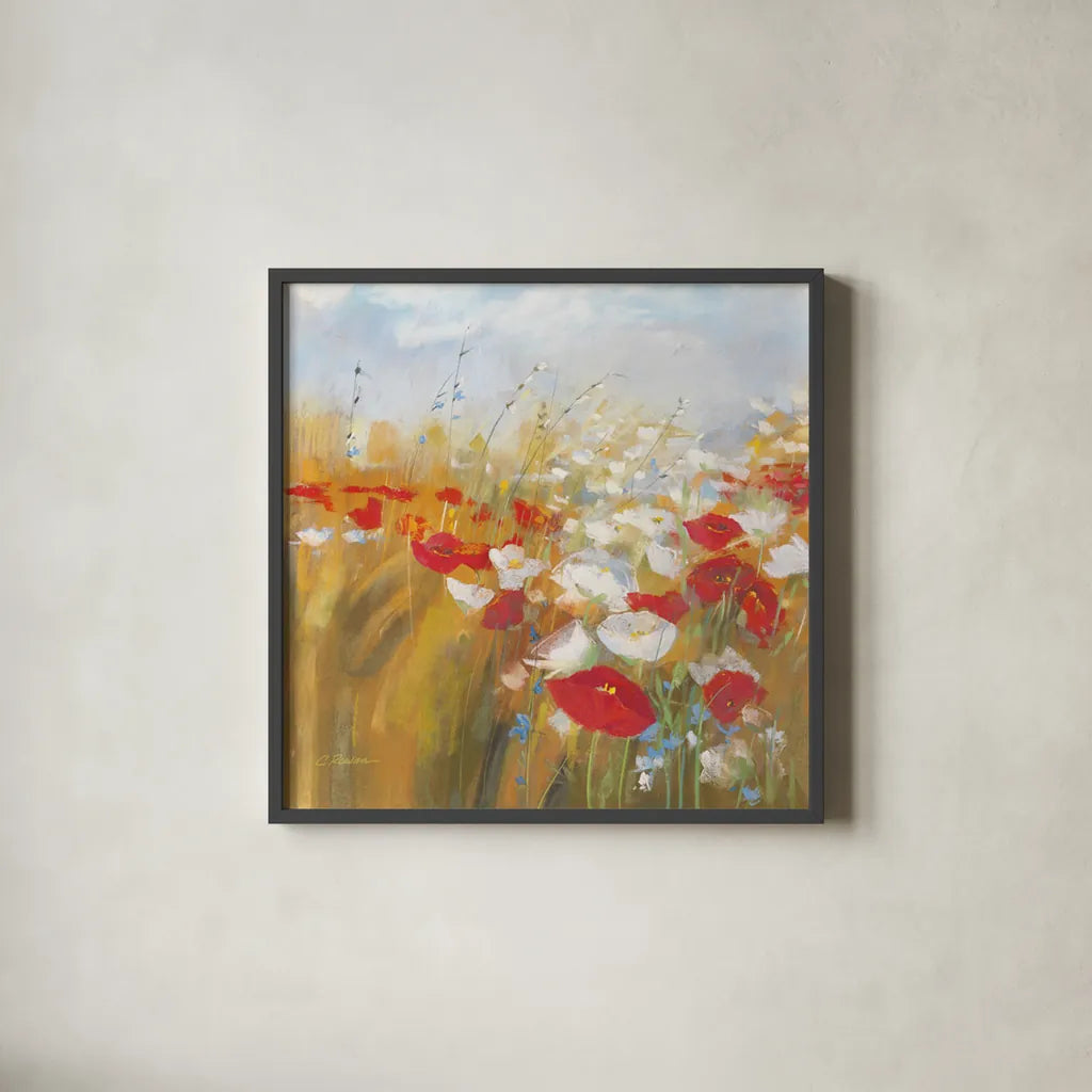 Poppies and Larkspur I by Carol Rowan. Shown in a sleek black glass frame for a contemporary gallery look. Available as an archival giclee rolled canvas, fine art paper, or poster print. SKU 8171a.