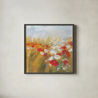 Poppies and Larkspur I by Carol Rowan. Shown in a sleek black glass frame for a contemporary gallery look. Available as an archival giclee rolled canvas, fine art paper, or poster print. SKU 8171a.