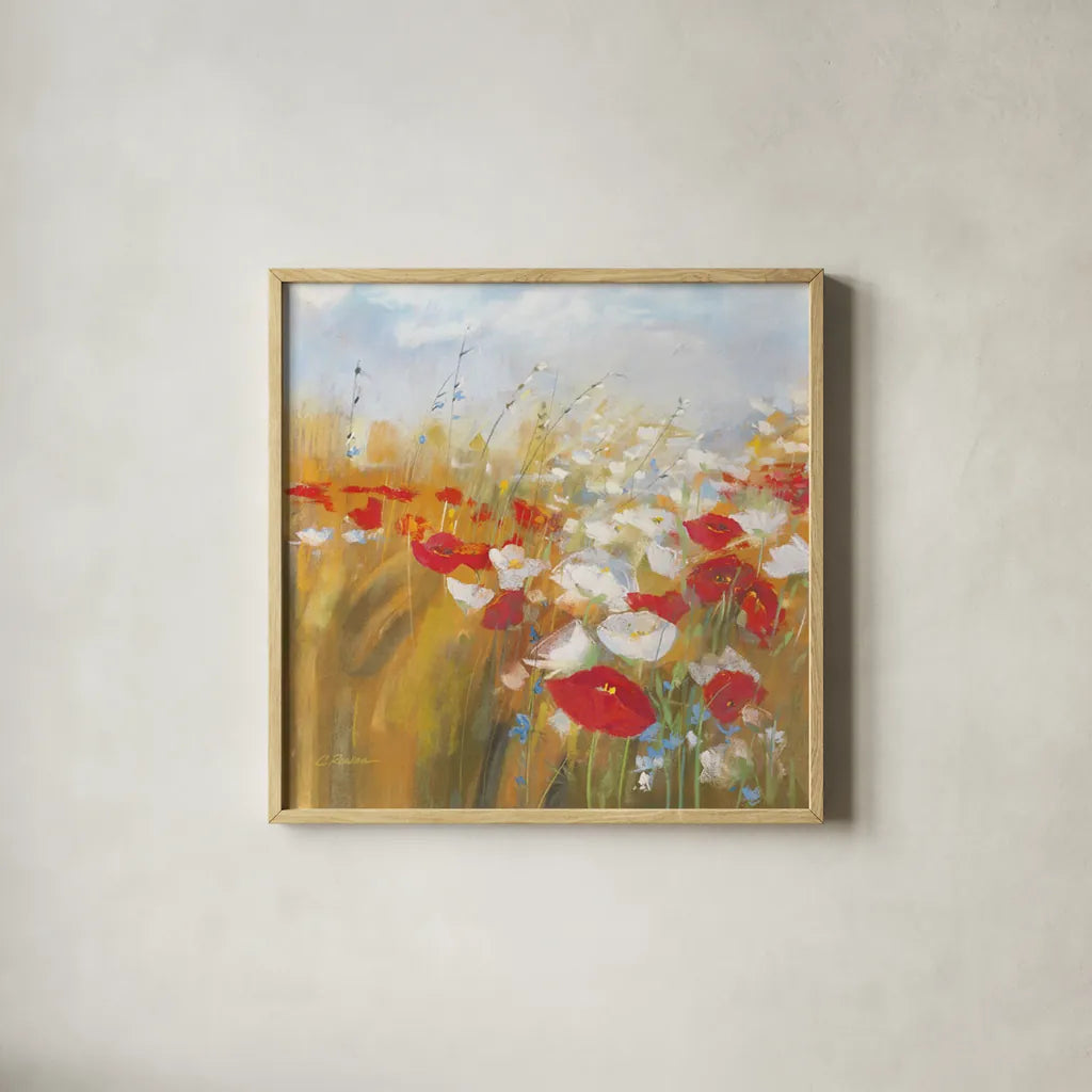Poppies and Larkspur I by Carol Rowan. Shown in a natural wood glass frame for a timeless modern aesthetic. Available as an archival giclee rolled canvas, fine art paper, or poster print. SKU 8171a.