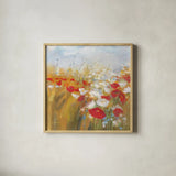 Poppies and Larkspur I by Carol Rowan. Shown in a natural wood glass frame for a timeless modern aesthetic. Available as an archival giclee rolled canvas, fine art paper, or poster print. SKU 8171a.