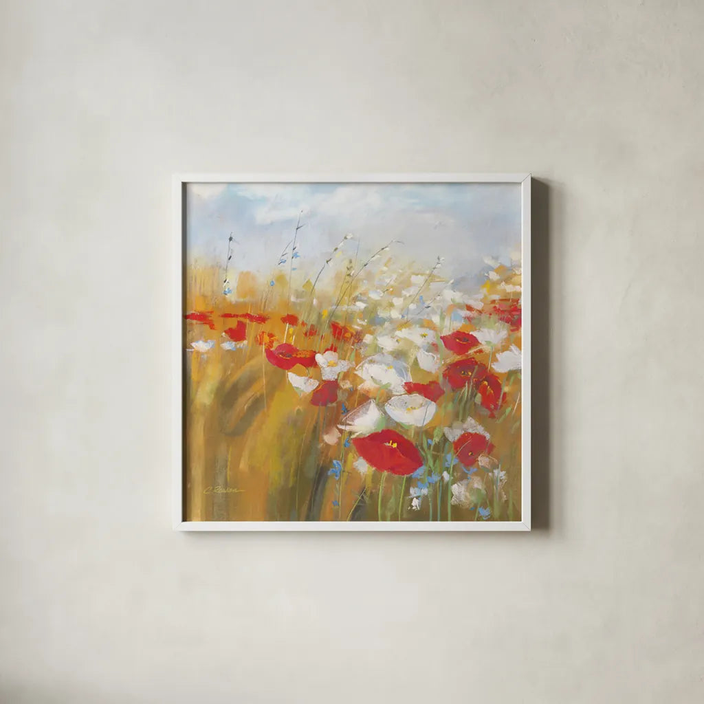 Poppies and Larkspur I by Carol Rowan. Shown in a crisp white glass frame for a clean and minimalist style. Available as an archival giclee rolled canvas, fine art paper, or poster print. SKU 8171a.