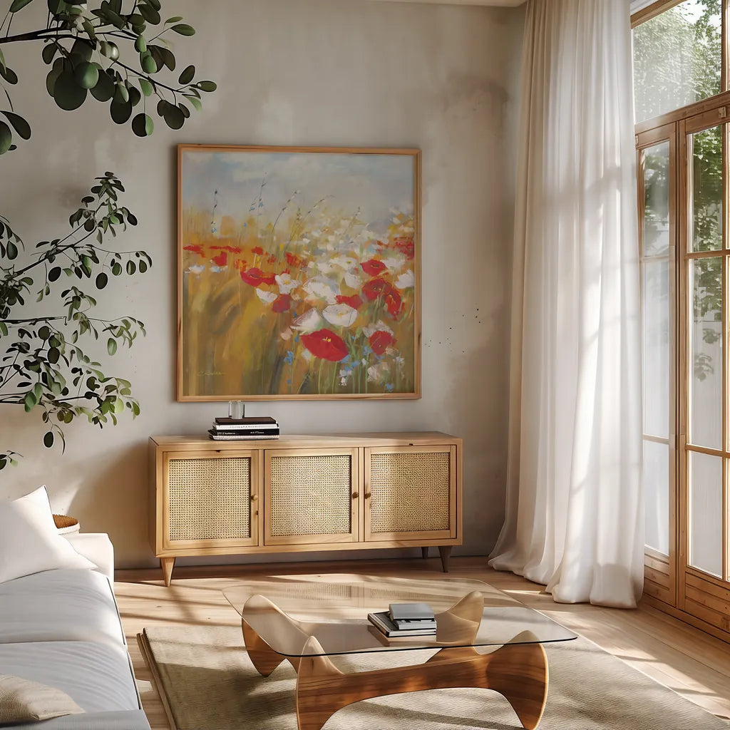 Poppies and Larkspur I by Carol Rowan. Shown in a natural wood frame in a cozy modern living room. Available as an archival giclee rolled canvas, fine art paper, or poster print. SKU 8171a.
