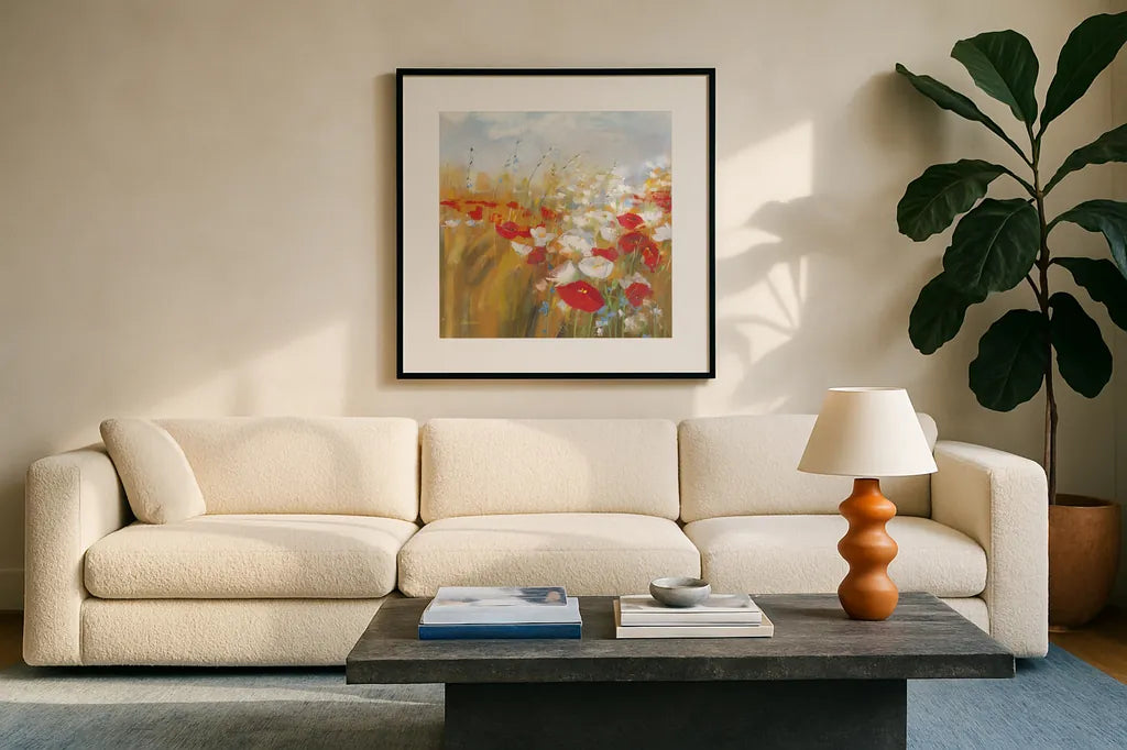 Poppies and Larkspur I by Carol Rowan. Displayed in a glass frame with matte in a clean modern living room. Available as an archival giclee rolled canvas, fine art paper, or poster print. SKU 8171a.
