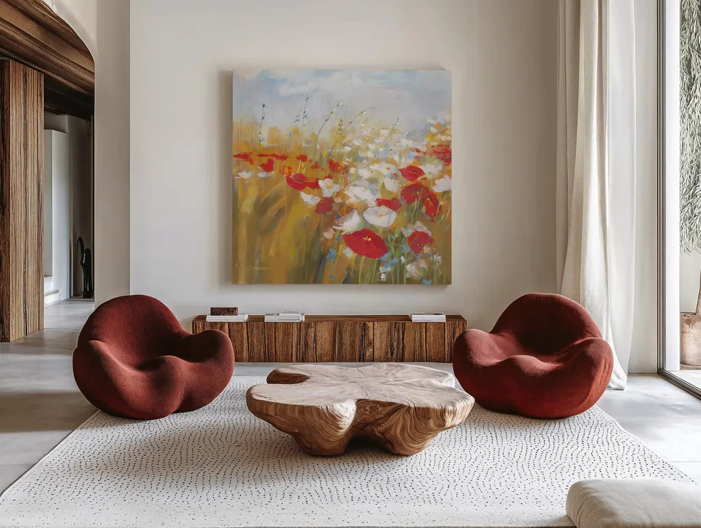 Poppies and Larkspur I by Carol Rowan. Shown as extra-large giant wall art in a modern living room. Available as an archival giclee rolled canvas, fine art paper, or poster print. SKU 8171a.