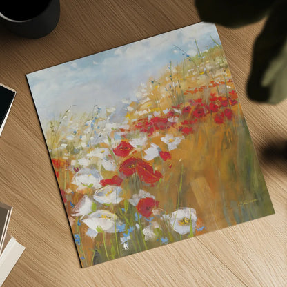 Poppies and Larkspur II by Carol Rowan. Shown as a detailed flat fine art print, highlighting archival giclee quality. Available as an archival giclee rolled canvas, fine art paper, or poster print. SKU 8172a.